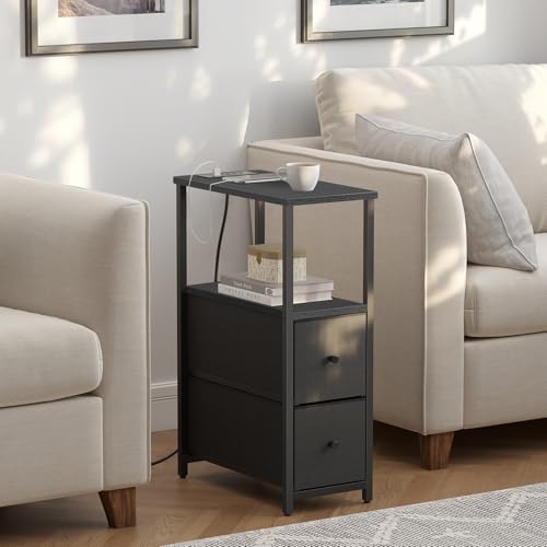 TUTOTAK Narrow End Table, Skinny Side Table with Charging Station | Bedside Table with Outlets, Slim Nightstand with 2 Cloth Drawers for Small Space, Living Room, Bedroom, Black TB01BK085 - color: Black, size: 1 Pack (2 Drawers), style: With Plug