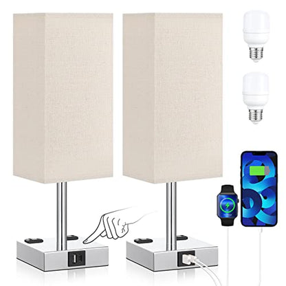 Beige Touch Lamps Set of 2 for Bedroom - Dimmable, USB C+A, 2 AC Outlets | 3-Way Dimming, 3000K LED Bulbs Included, Square Beige Lampshade Silver Base, Small Bedside Lamp for Nightstand, Desk, Dorm - color: Beige-Silver