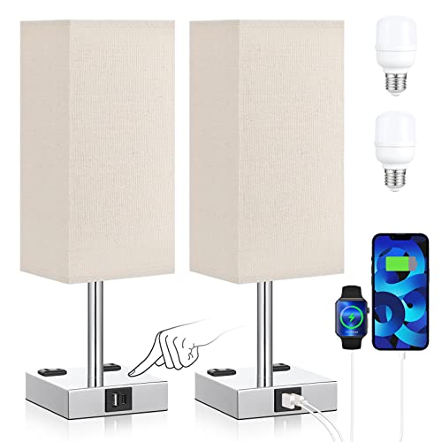 Beige Touch Lamps Set of 2 for Bedroom - Dimmable, USB C+A, 2 AC Outlets | 3-Way Dimming, 3000K LED Bulbs Included, Square Beige Lampshade Silver Base, Small Bedside Lamp for Nightstand, Desk, Dorm - color: Beige-Silver