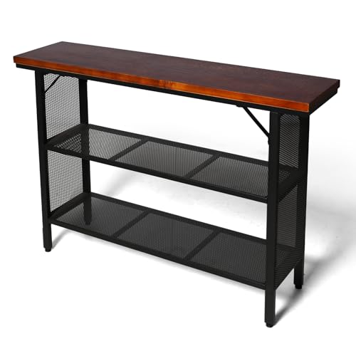 LOKKHAN 47.2 Inch Industrial Console Table with Storage Shelves – Solid Wood Top for Sturdiness, Black Metal Frame with Mesh Design for Airy Look | Perfect for Entryway, Living Room, Hallway
