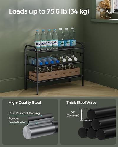 SONGMICS Shoe Rack, 3-Tier Shoe Organizer, Metal Shoe Shelf Storage with 4 Side Hooks, Holds 12 Pairs of Shoes, Height-Adjustable Shoe Rack for Entryway, Hallway, Closet, Ink Black ULMR068B01 - size: 3 Tiers (26.7"W)