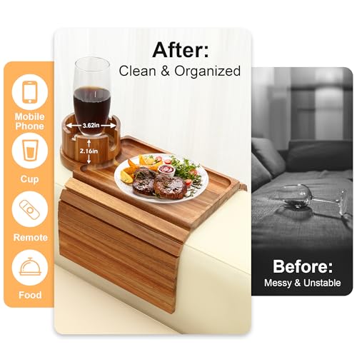 Couch Cup Holder Tray,Acacia Wood Couch Arm Table with Phone Holder, Large Foldable Sofa Arm Tray for Drink Snacks Table - color: Acacia Wood