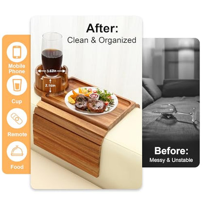 Couch Cup Holder Tray,Acacia Wood Couch Arm Table with Phone Holder, Large Foldable Sofa Arm Tray for Drink Snacks Table - color: Acacia Wood