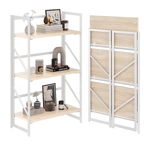JSB 3 Tier No Assembly Folding Bookshelf, Industrial Metal Book Shelf for Storage, Vintage Wood Foldable Bookcase for Living Room, Bedroom, Office Organization Shelves - color: White, size: Flat Tube 3-Tier