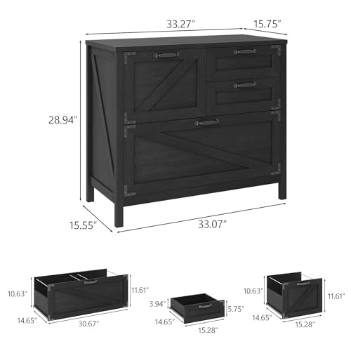 Halitaa Lateral File Cabinet with 4 Drawers, Farmhouse File Cabinet for Letter/Legal/A4 Size Hanging Files, Large Wood File Storage Cabinets Printer Stand for Home Office Cabinets, Black