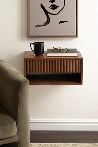 Kate and Laurel Reid Ribbed Wooden Tiered Floating Side Table, 18 x 10 x 9, Walnut Brown, Modern Rectangular Mango Wood Floating Nightstand with Drawer for Bedroom Storage or Living Room End Table - color: Walnut Brown