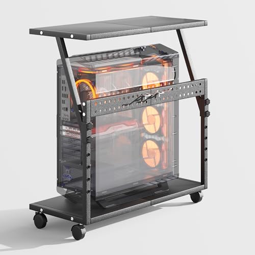 24In Large PC Stand, 5 Levels Height Adjustable Computer Tower Stand with Wheels and Hooks, CPU Holder Cart for Floor, Carpet and Under Desk, Easy Assembly（NOT Including Power Strips） - color: Black