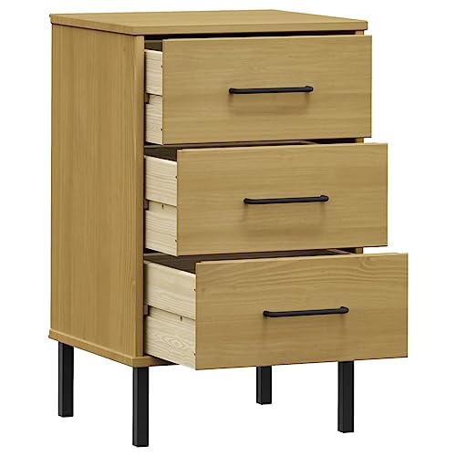 Bedside Cabinet, Industrial Nightstand with Metal Legs and Solid Pine Wood Storage, Rustic Bedroom End Table for Bedside Essentials, Rectangular Side Table, Brown