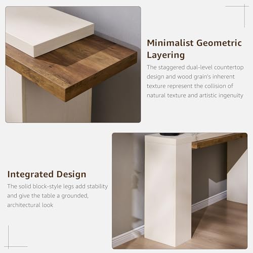 OKD 63" Modern Geometric Console Table with Layered Top, Antique White | Extended Layered Top, Sturdy Support Legs, Entryway, Hallway, Foyer, Living room, Behind Sofa - color: Antique White