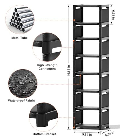 Narrow Shoe Rack 8 Tier, Slim Vertical Shoe Organizer for Small Spaces, Stackable Shoe Storage Shelf with Metal Frame & Fabric Shelves, Shoe Rack for Closet Entryway Bedroom