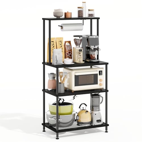SUPERLELE 4-Tier Bakers Rack, Coffee Bar Table with Cup Hooks, Black Kitchen Storage Shelf Microwave Stand, Reinforced Industrial Standing Rack for Home Kitchen, 23.6 x 13 x 49.2 Inches - color: Black, size: 23.6x13x49.2''