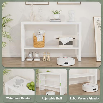47-Inch Console Table with Storage, 2-Tier Narrow Entryway Table,White | 100% Natural Bamboo slim profile, reinforced angled frame versatile wall-side placement - color: White, style: 2-TIER