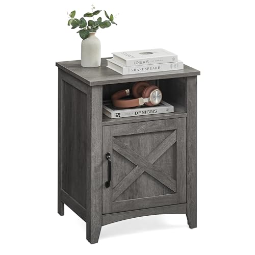 VASAGLE Nightstand Farmhouse Barn Door Bedside Table with Storage | Side End Table, Night Stand, Open Compartment, for Bedroom, Misty Gray, LIRY Collection, ULET609G68 - color: Misty Gray, size: 1 PACK