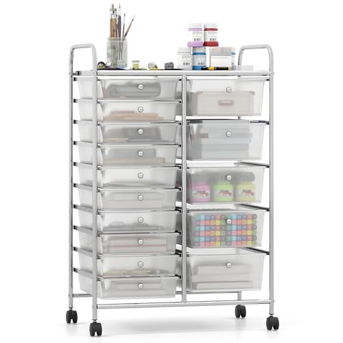 Giantex 15 Drawer Rolling Cart with Drawers, Storage Organizer Cart for Classroom Office School Teacher, Mobile Drawer Cart for Tools, Crafts, Small Printer, Clear - color: Clear, size: 15 Drawer-24.5"x15"x38"