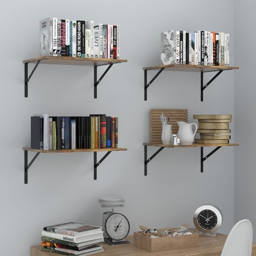 Deep Floating Wall Shelves - 4 Sets of 12 Inch Wide Rustic Brown Wood Shelves for Bathroom, Bedroom, Kitchen, Living Room - color: Rustic Brown Shelves