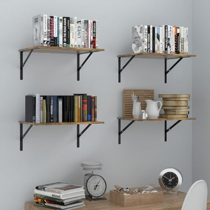 Deep Floating Wall Shelves - 4 Sets of 12 Inch Wide Rustic Brown Wood Shelves for Bathroom, Bedroom, Kitchen, Living Room - color: Rustic Brown Shelves