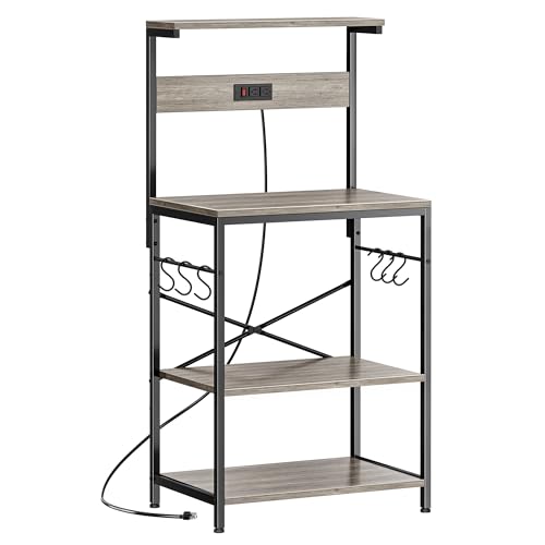 SUPERJARE Kitchen Bakers Rack with Power Outlet, Coffee Bar Table 4 Tiers, Kitchen Microwave Stand with 6 S-shaped Hooks, Kitchen Storage Shelf Rack for Spices, Pots and Pans - Greige - color: Greige, size: 23.6 inch