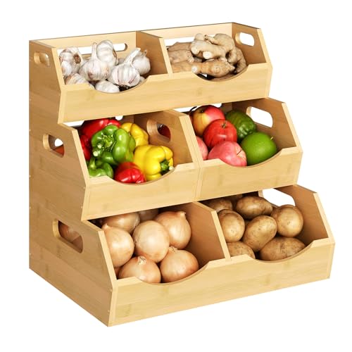 Onion Storage Bins Potato, 3 Tier Bamboo Pantry Storage Bin Stackable Ventilated Kitchen Organizer for Pantry, Countertop, Bathroom, Space-Saving, Easy Access Handle Natural Brown(Assembly Required) - color: Natural Brown(3 Tier)