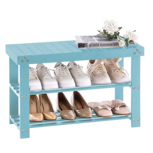 Apicizon Bamboo Shoe Rack for Entryway, 3-Tier Shoe Rack Bench for Front Indoor Entrance, Small Shoe Organizer with Storage, Blue - color: Sea Foam Blue, size: 27.6 Inches No Cushion