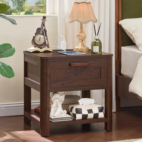 Joaxswe Farmhouse Side Table Set of 2 Living Room, Small Night Stand with 1 Drawers & Open Shelving & 4 Thickened Table Legs, Walnut - color: Walnut, size: Set of 2