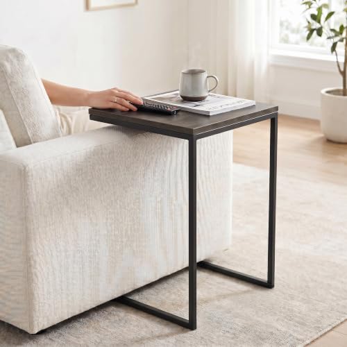 C-Shaped Couch Table, Oak Finish | Movable Side End Table, Sturdy Metal Frame, Narrow Laptop Stand Desk & TV Tray, For Living Room - color: Oak
