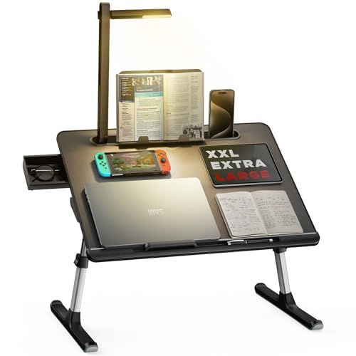 Laptop Bed Tray Desk with LED Desk Light, SAIJI Adjustable Laptop Stand for Bed, XX-Large PVC Leather Foldable Table with Book Stand,Wrist Rest, Extra Leg Room(Black) - color: Black