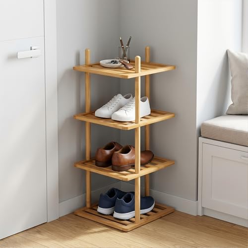 4-Tier Vertical Shoe Rack - Tall Narrow Shoe Rack Organizer for Small Spaces,Bamboo Shoen Shelf for Entryway,Closet,Corner,Doorway,Skinny Shoe Shelf Space Saving Shoe Storage (Natural, 4-Tier) - color: 4-tier Natural