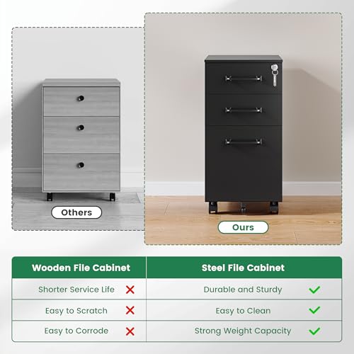 3 Drawer Slim File Cabinet, Mobile Filing Cabinet with Lock,Black Rolling Narrow File Cabinets with Casters, Under Desk Office Cabinets for Home Office,Fit A4/Letter/Legal(Unassembled) - color: Black, size: 11.8"W x 23.6"H x 17.7"D