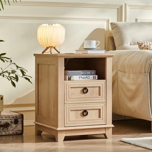 Joaxswe 18" Farmhouse Night Stand with Charging Station, 2 Drawers Bedside End Table, Natural Wooden Nightstand, Bed Side Table Cabinet with Open Shelf for Bedroom Living Room Office - color: Natural Set 1, size: 2 Drawers