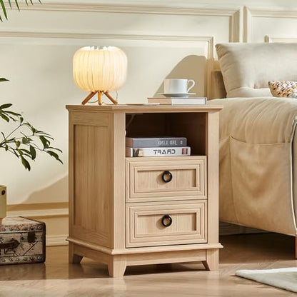 Joaxswe 18" Farmhouse Night Stand with Charging Station, 2 Drawers Bedside End Table, Natural Wooden Nightstand, Bed Side Table Cabinet with Open Shelf for Bedroom Living Room Office - color: Natural Set 1, size: 2 Drawers