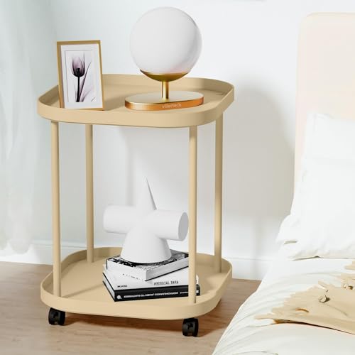 Side Table with Wheels, End Table Living Room Plastic Mobile Sofa Side Table Small Night Stand Bedroom Khaki - color: Khaki, size: 1 Pack