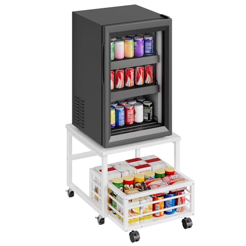 HOOBRO End Table, Mini Fridge Stand with Storage, Mini Fridge Table with Wheels and Adjustable Feet, Sturdy Metal Frame, for Living Room, Bedroom, Office, White WW155TL01 - color: White