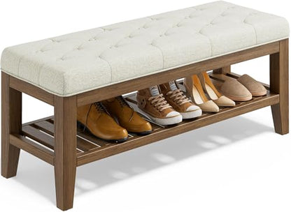 YaFiti End of Bed Storage Bench, 42.9" Entryway Shoe Bench with Solid Wood Shelf, Upholstered Ottoman with Padded Seat for Bedroom, Hallway and Living Room, Beige - color: Beige