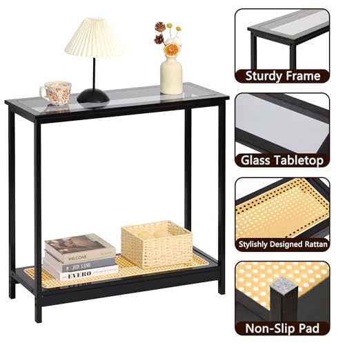 Bamboo Narrow Console Table, 31.5"(L) Wood Small Entryway Table with Rattan and Glass, Accent Slim Hallway Tables, Thin Sofa Side Tables for Hallway, Living Room, Bedroom, Foyer, Black - color: Black 31.5"(l)