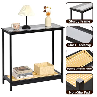 Bamboo Narrow Console Table, 31.5"(L) Wood Small Entryway Table with Rattan and Glass, Accent Slim Hallway Tables, Thin Sofa Side Tables for Hallway, Living Room, Bedroom, Foyer, Black - color: Black 31.5"(l)