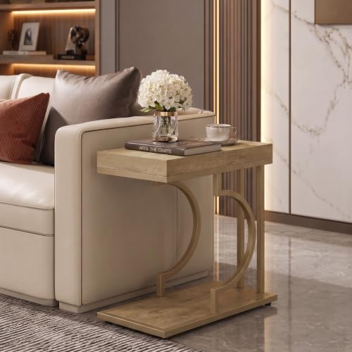 Tribesigns C Shaped Modern End Table for Coach with Metal Frame | Oak Wood Grain, Small Side Table for Living Room, Nightstand for Bedroom, Light Brown&Gold - color: Brown&gold