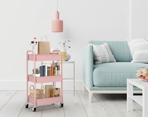3-Tier Rolling Metal Storage Organizer - Mobile Utility Cart with Caster Wheels, Pink - color: Pink