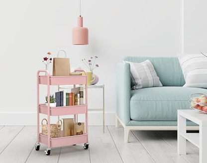 3-Tier Rolling Metal Storage Organizer - Mobile Utility Cart with Caster Wheels, Pink - color: Pink
