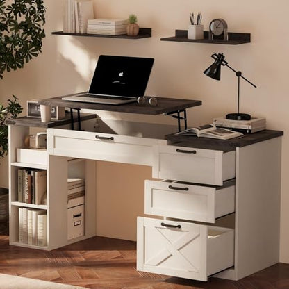 Farmhouse Lift Top Desk: Rustic Wood Standing Desk with 3 Drawers & Open Storage Shelves, Adjustable Height, White & Brown Home Office Computer Desk for Work, Study, Writing (White+Dark Walnut) - color: White+dark Walnut