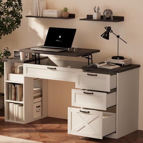Farmhouse Lift Top Desk: Rustic Wood Standing Desk with 3 Drawers & Open Storage Shelves, Adjustable Height, White & Brown Home Office Computer Desk for Work, Study, Writing (White+Dark Walnut) - color: White+dark Walnut
