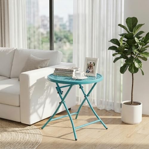 TeoKJ Folding Outdoor Side Tables, Anti Rust Small Patio Table Round Metal Nightstand with Flower Cutouts for Porch Yard Balcony Deck Lawn, Blue - color: Blue