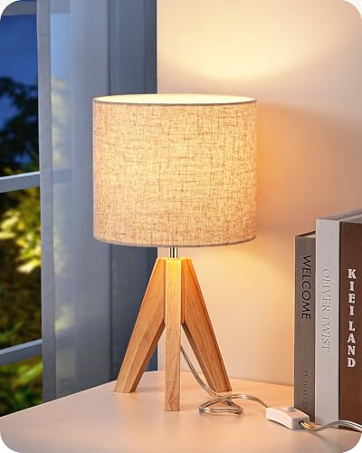 EDISHINE Small Table Lamp, Boho Bedside Lamp with Linen Fabric Shade, Wood Tripod Nightstand Lamp for Nursery, Living Room, Bedroom, Narrow End Table, UL Listed, 14.2 Inch, ON/Off Switch - color: Natural Wood&Beige Shade