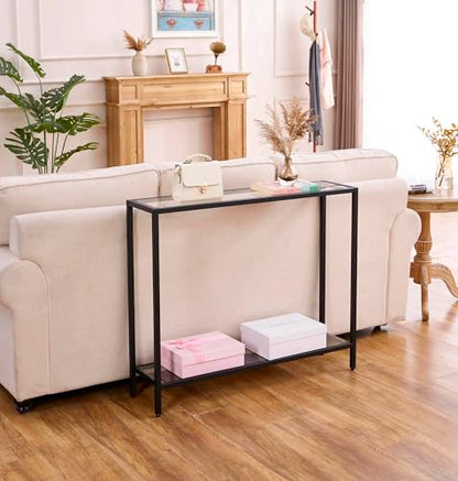 MAJARO Small Modern Console Table for Entryway, Tempered Glass with Metal Frame Sofa Table for Living Room, Hallway, Office (Double-Layer, Black) - color: Black, style: Double-layer