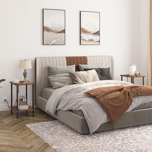 HOOBRO Side Table with Charging Station, Set of 2 End Tables with USB Port and Outlets, Nightstand with 2-Layer Storage Shelves for Small Spaces, Living Room, Bedroom, Rustic Brown BF09UBZP201 - color: Rustic Brown + Black