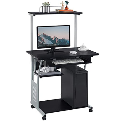 Topeakmart Compact Rolling Computer Cart with Keyboard Tray & Shelf, Black | Space-saving footprint, printer shelf, keyboard tray, smooth-rolling wheels, lightweight steel frame, for dorm, bedroom. - color: Black