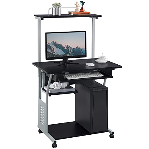 Topeakmart Compact Rolling Computer Cart with Keyboard Tray & Shelf, Black | Space-saving footprint, printer shelf, keyboard tray, smooth-rolling wheels, lightweight steel frame, for dorm, bedroom. - color: Black