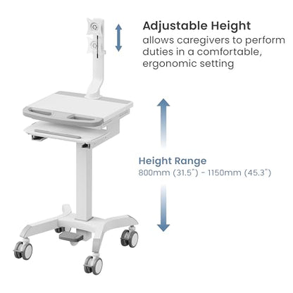 Mount Plus MB-C12 Mobile Height Adjustable Medical Workstation Cart with Retractable Keyboard, Mouse Tray, Large Tabletop (19.7" x19.3), Swivel Locking Casters for Hospitals, Dental and Clinic