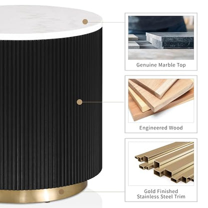 Furniture of America Beryl Modern Round White Genuine Marble Top End Table with Fluted Pedestal Base and Gold Stainless Steel Accent, Low Profile Table for Living Room, Home Office, Black - size: End Table, style: Round
