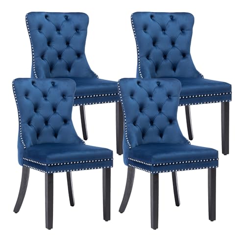 KCC Velvet Dining Chairs Set of 4, Upholstered High-end Tufted Dining Room Chair with Nailhead Back Ring Pull Trim Solid Wood Legs, Nikki Collection Modern Style for Kitchen, Blue - color: Blue, size: Set of 4