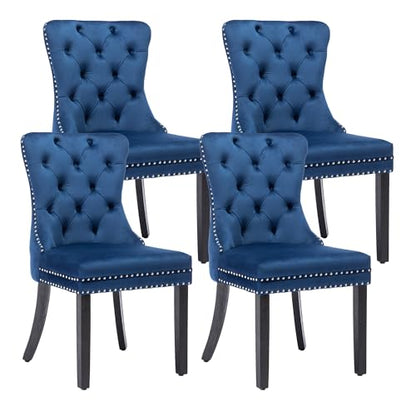 KCC Velvet Dining Chairs Set of 4, Upholstered High-end Tufted Dining Room Chair with Nailhead Back Ring Pull Trim Solid Wood Legs, Nikki Collection Modern Style for Kitchen, Blue - color: Blue, size: Set of 4